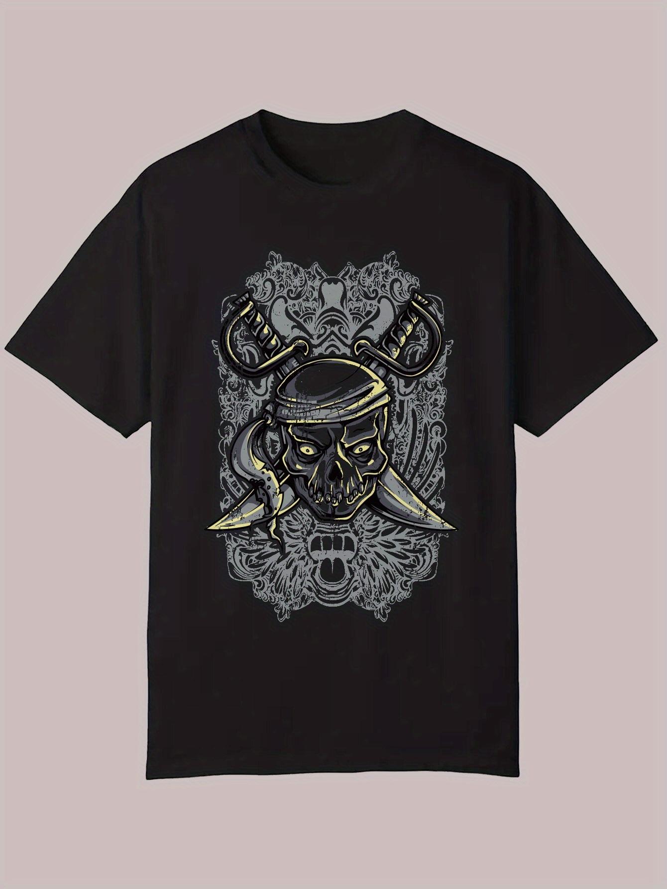 Summer Casual Graphic T-shirt - Black Edgy Skull & Gears Portrait Design S
