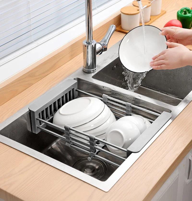 Stainless Steel Retractable Kitchen Sink Drain Storage Rack Bowls Dish Drying Holder Vegetables Fruits Cleaning Drain Basket