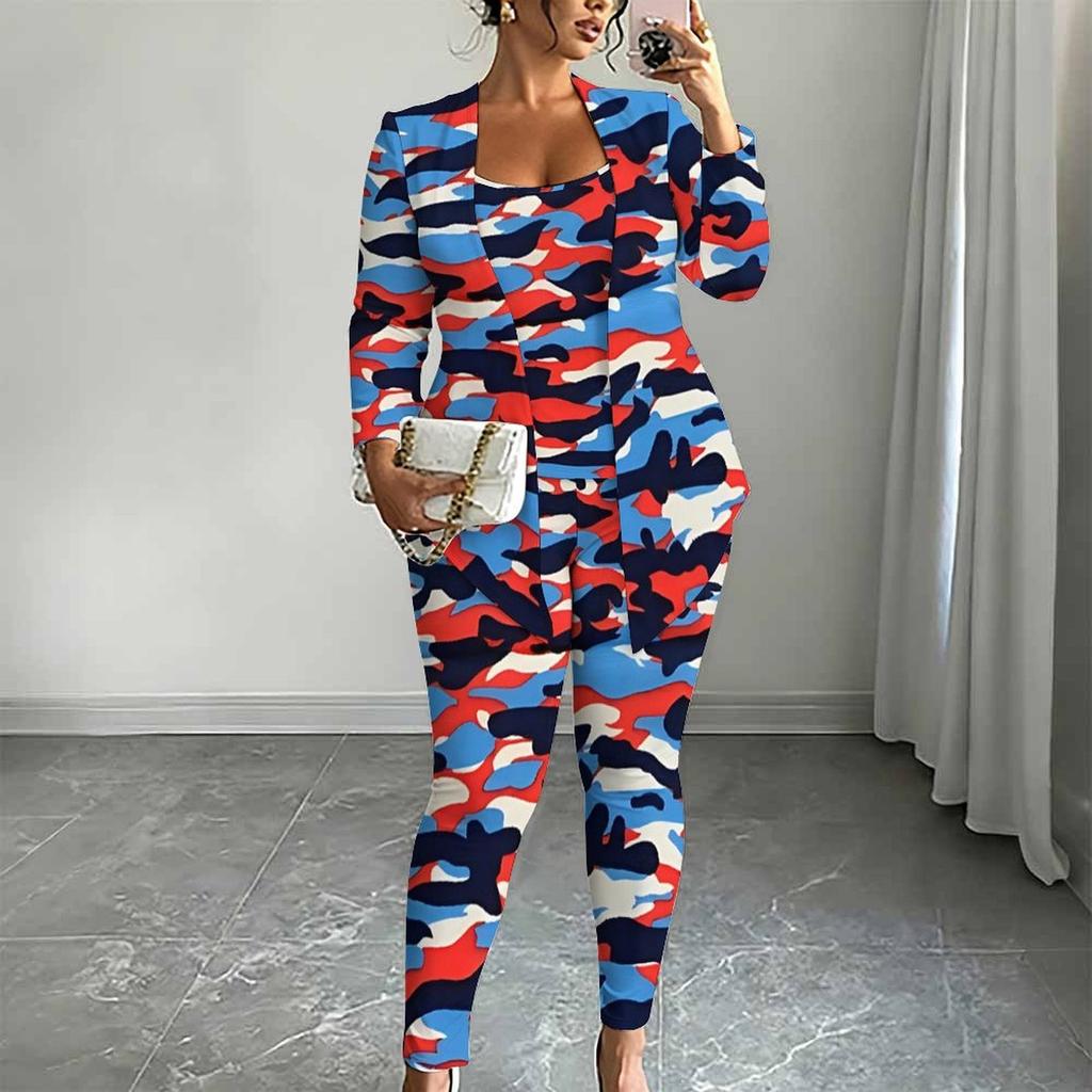 Plus Size Geometric Pattern Print 3 Piece Outfit, Long Sleeve Open Front Cardigan Cami Top Leggings Set for Women