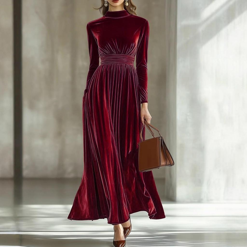 Women's Velvet Long Sleeve Turtleneck Dress for Fall and Winter