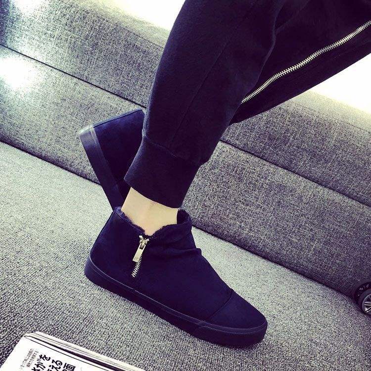 Boys Board Shoes Korean Version of High-top Espadrilles Side Zipper Foot Cover Black Teen Tide Student Winter Velvet Cotton Shoes