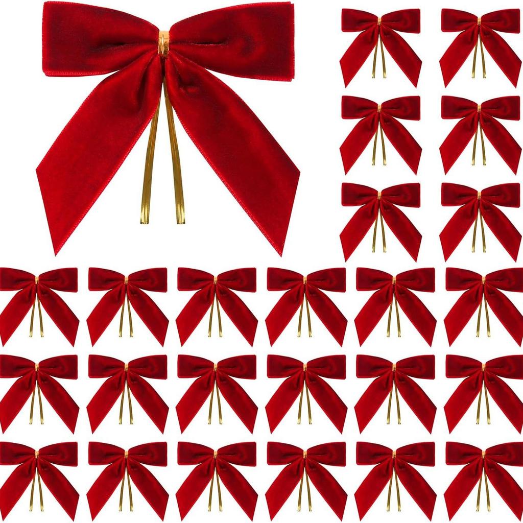 25pcs Multifunctional Small Red Velvet Christmas Bows with Cable Tie Rustic Garland Ornament Textured Christmas Tree Bows Wreath