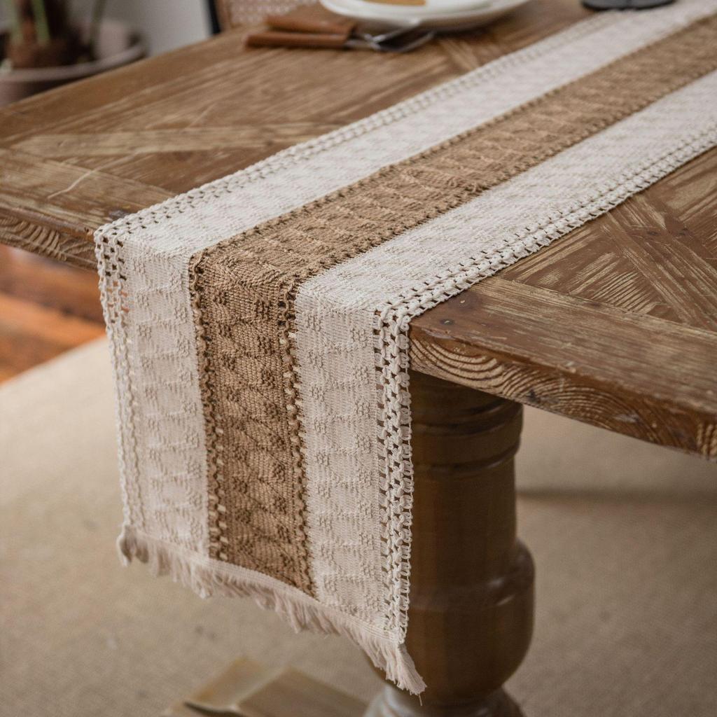 Yun Cotton-Linen Patchwork Table Runner with Two-Color Tassels - Natural Material, American Country Festival Style