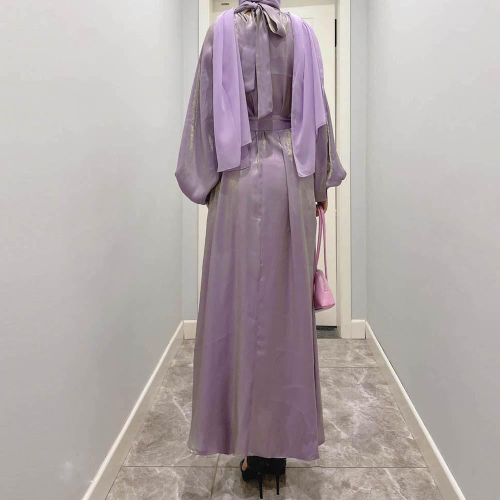 Damenkleidung, einfarbig, große Laternenärmel, helle Seide, lange Ärmel, Stehkragen, Rückenbindung, muslimisches Kleid, 6 Farben
