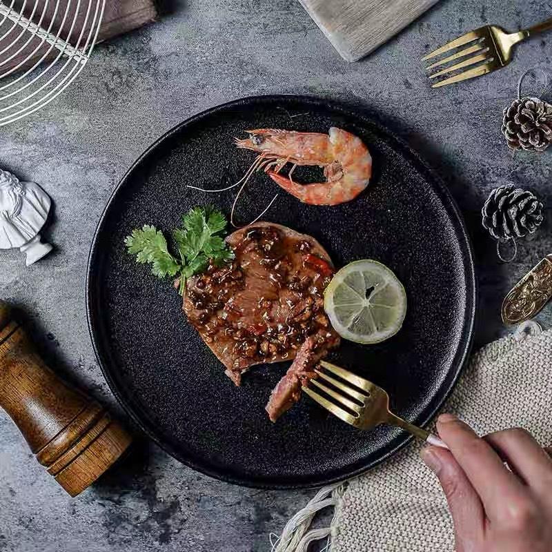 Japanese Creative Quicksand Plate Steak Plate Fruit Plate Western Restaurant Pasta Plate Ceramic Dish Frosted Flat Plate Cake Tray