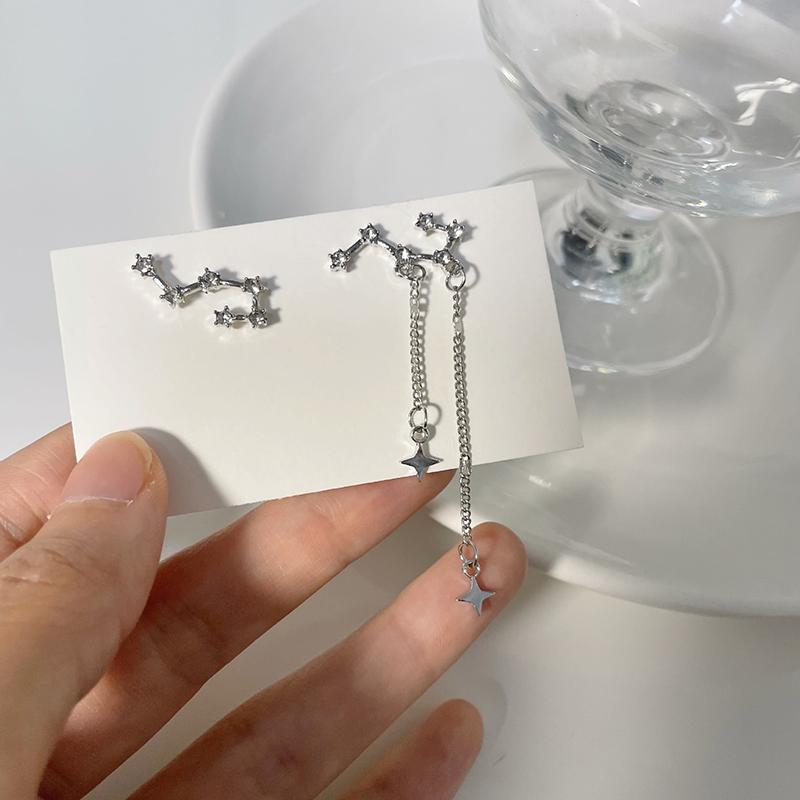 JWER Romantic French Silver Color Asymmetric Star Long Tassel Korean Fashion Zircon Drop Earring For Girl Women Birthday Gifts