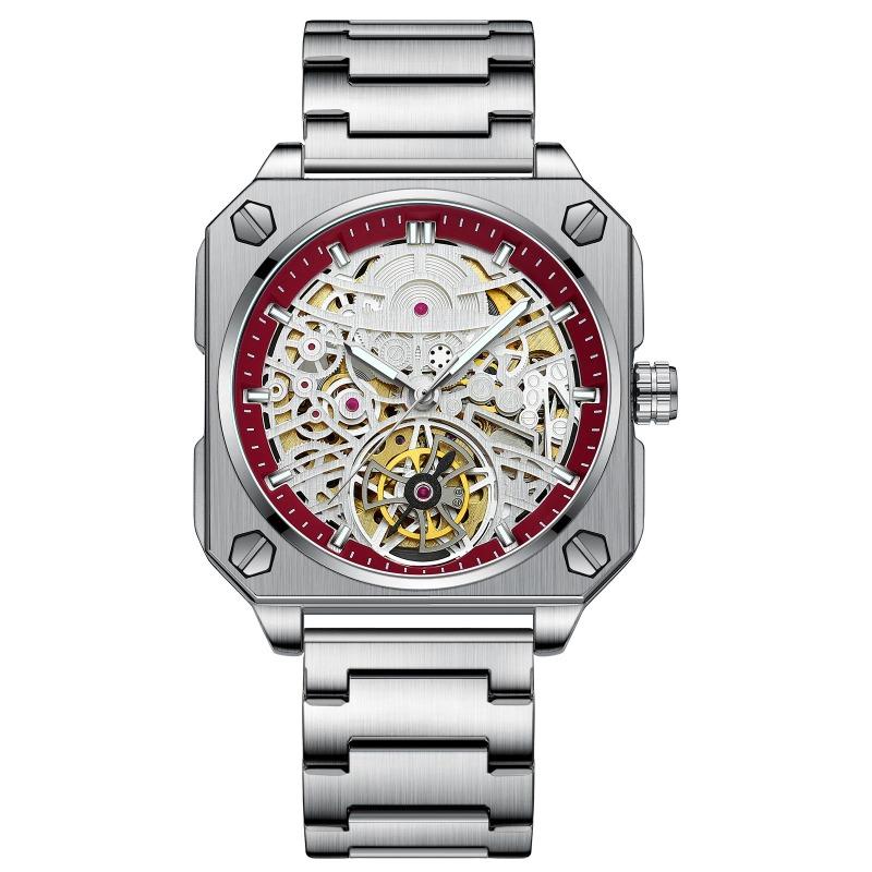 BINBOND Transparent Waterproof Luminous Watches Trendy Hollowed Out Square Men Watch Skeleton Tourbillon Fully Automatic Mechanical Wristwatch