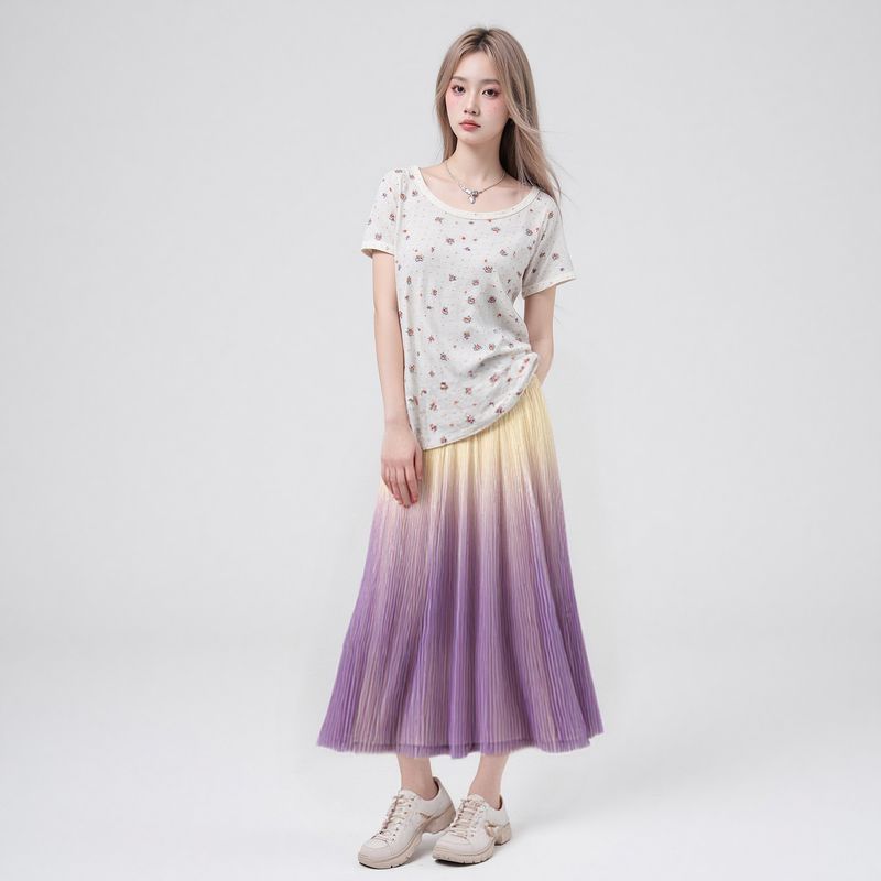 

2025 New Women Summer Gradient Chiffon Pleated Skirt High Waist A Word Umbrella Skirt Mid-Length Drape Large Swing Skirt Purple All yards