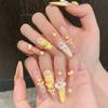 10PCS Cute Yellow French Handmade False Nail Pink Blush Long Almond with 3D Bear Bowknot Design Fake Nail Wearable Press on Nail