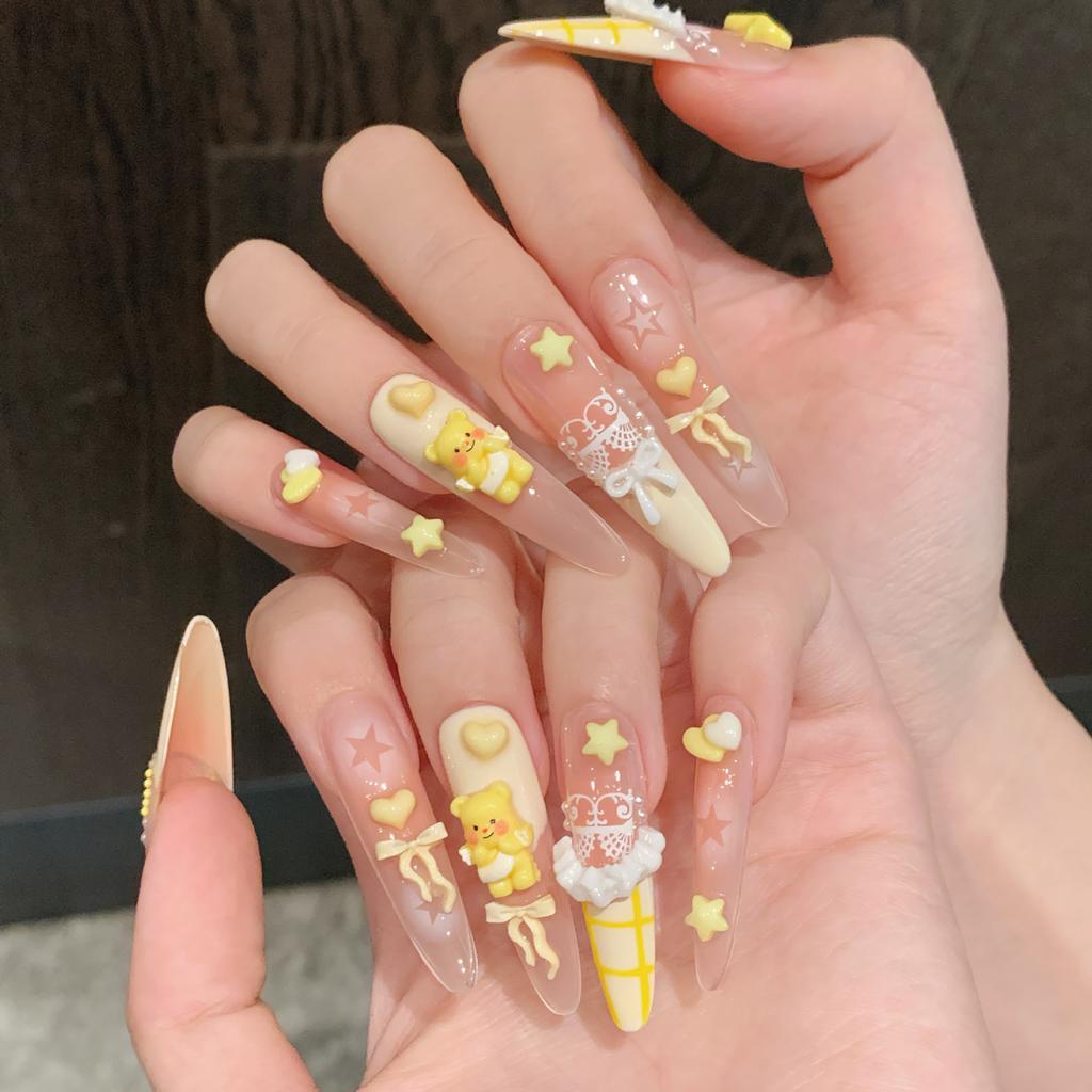 10PCS Cute Yellow French Handmade False Nail Pink Blush Long Almond with 3D Bear Bowknot Design Fake Nail Wearable Press on Nail