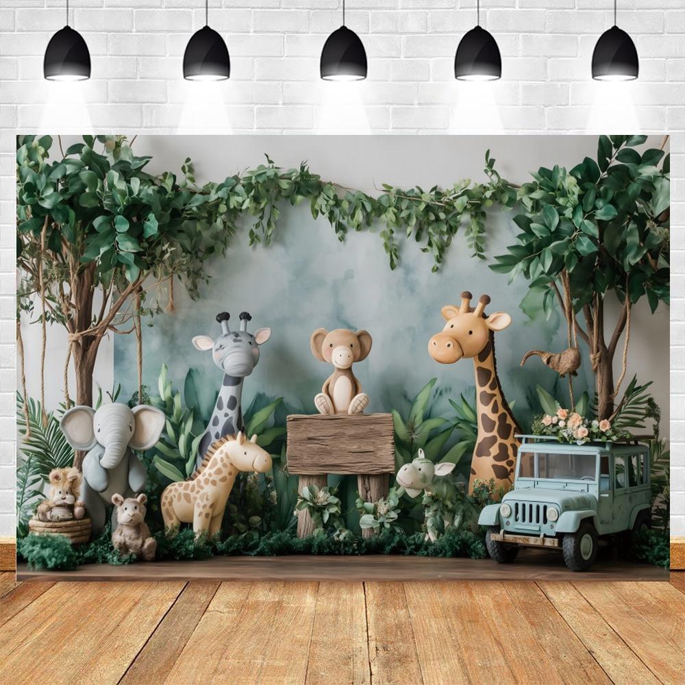 Safari Tropical Jungle Animals Baby 1st Birthday Party Photography Backdrop Wild One Baby Shower Photo Background Photo Studio