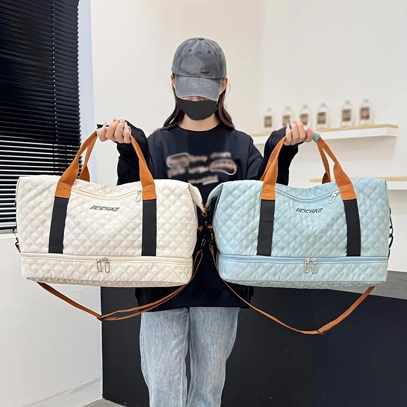 Nylon Travel Duffle Bag with Shoe Compartment Large Capacity Argyle Pattern Casual Weekender Overnight Gym Storage Bag