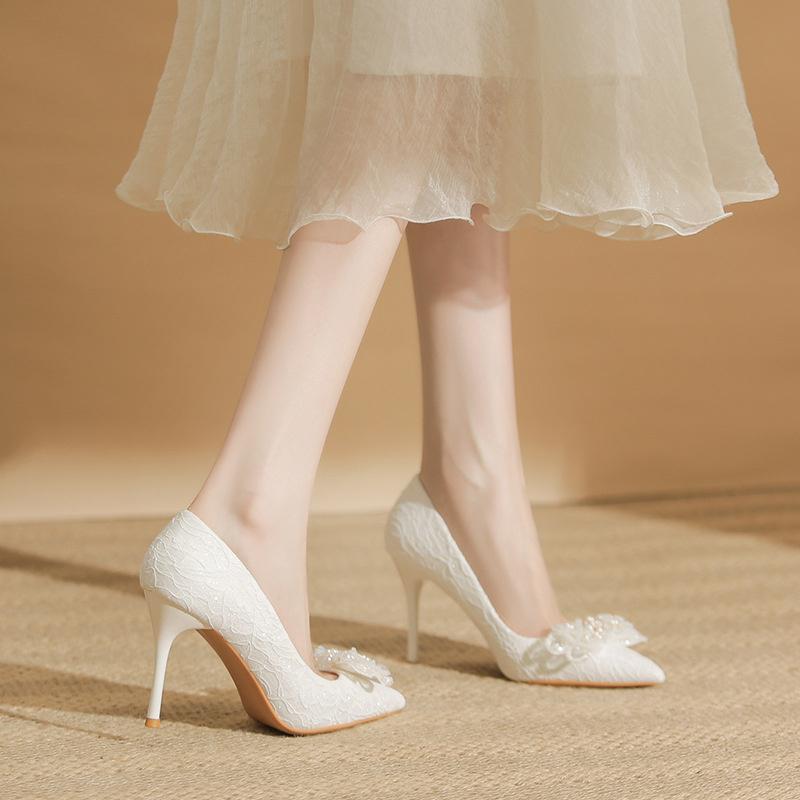 Women Lace Bow Tie Stiletto Heel Pearl Wedding Shoes Bride Thin High Heels White Pumps Pointed Toe Dress Party Shoes