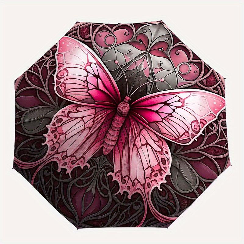 Stunning Pink Butterfly Stained Cute Wall Art Umbrella, Cute Umbrella with Cute Design, Portable 3-Fold Compact Umbrella for Men & Women, Valentine's