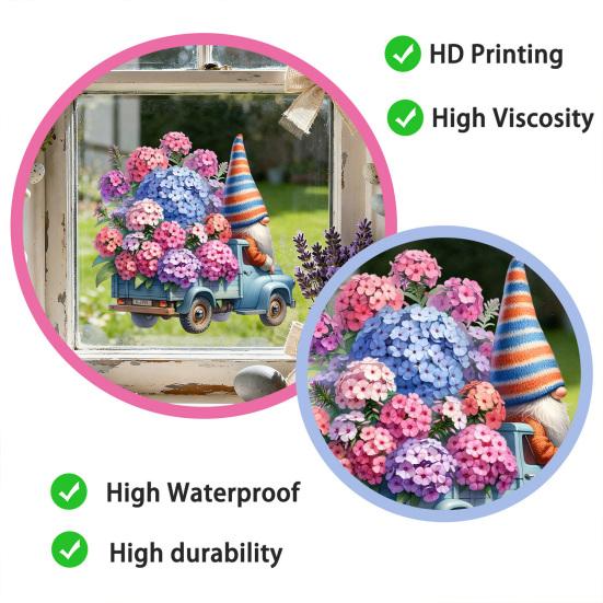 Spring Gnome Window Clings Floral Berries Gnome Glass Stickers Double-Sided Reusable Static Decals