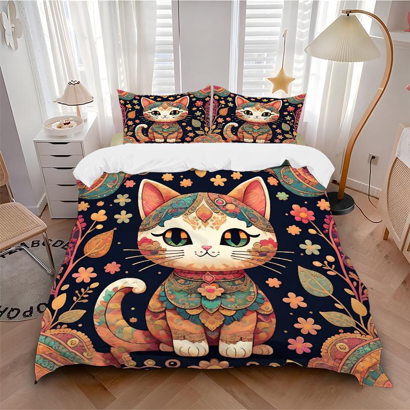 3pcs Ancient Cat Art Printed Bedding Set, Soft and Comfortable Quilt Cover for Bedroom, Guest Room (1 Duvet Cover + 2 Pillowcases, Pillow Co