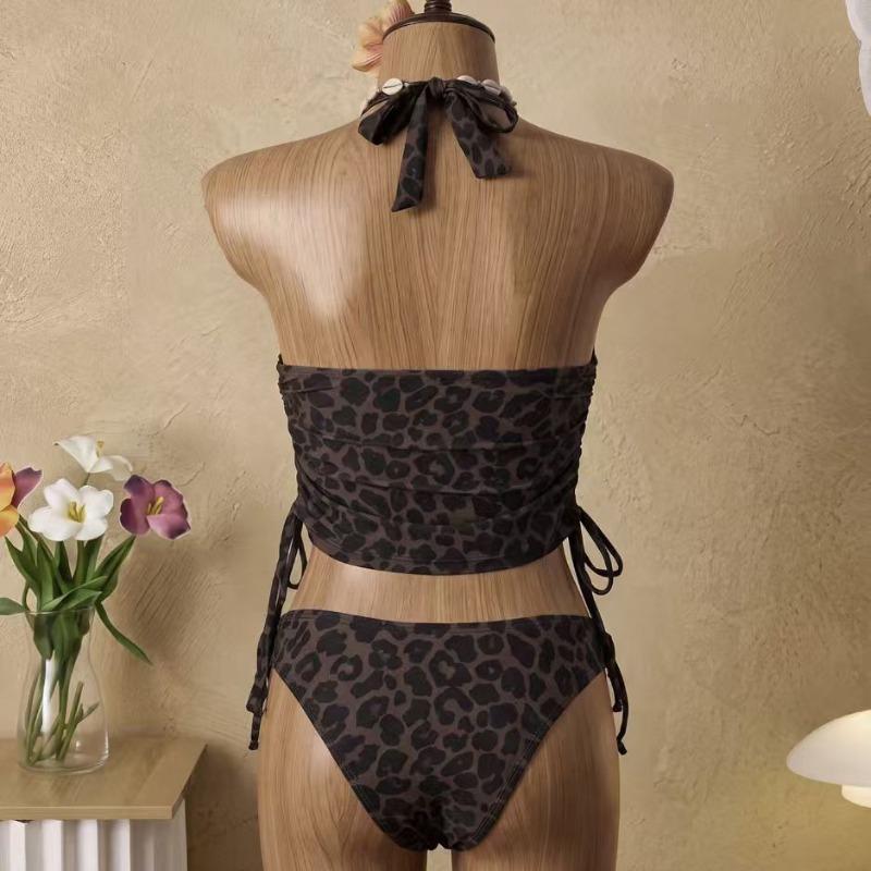 European and American New Leopard Print Bikini Print Gathers Backless Swimsuit Women's Vacation Color Matching Tankini