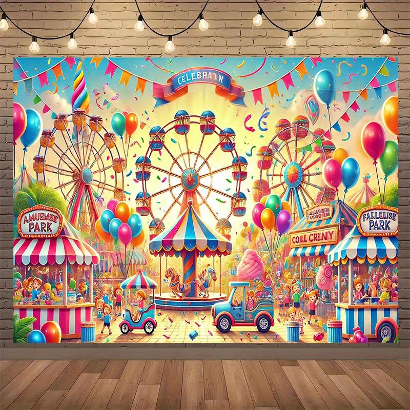 A 2D flat banner, 1 copy of the Happy Sunshine Amusement Park celebration banner - with a bright polyester fiber background