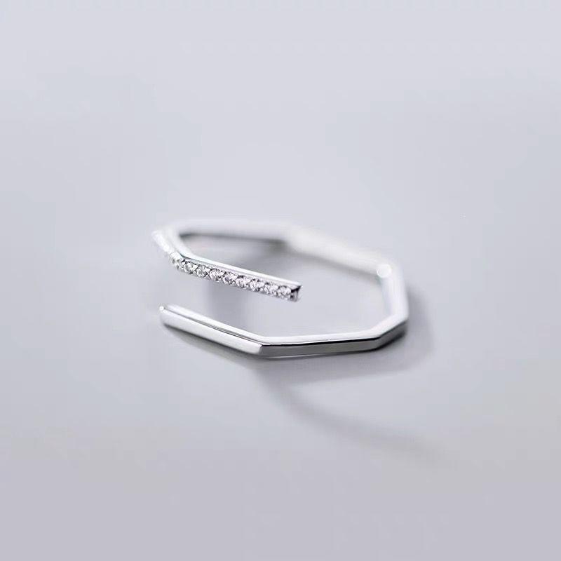Korean Style Adjustable Open Ring with Rhinestone Inlay - S925 Sterling Silver Plated, Geometric Design for Women