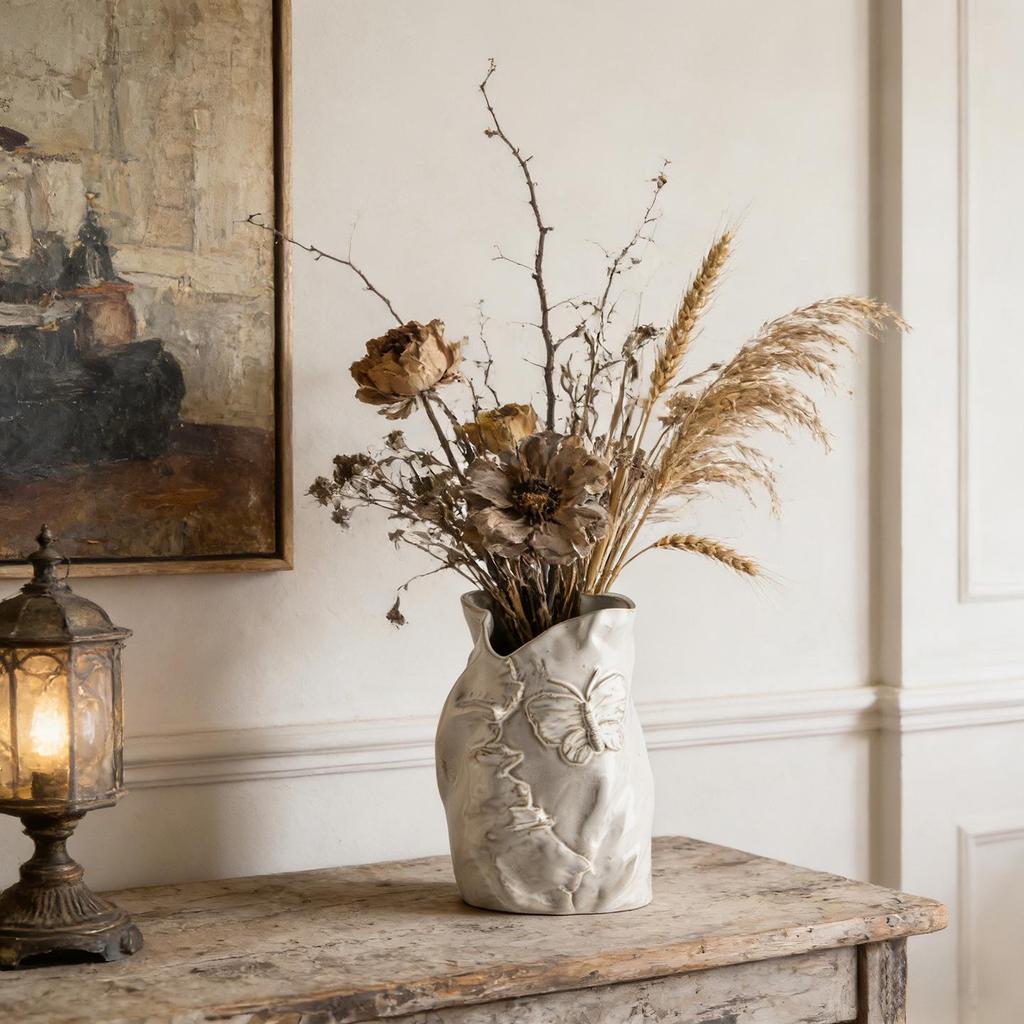 French Retro Cream Ceramic Vase for Floral Arrangements – Elegant Living Room & Dining Table Decor