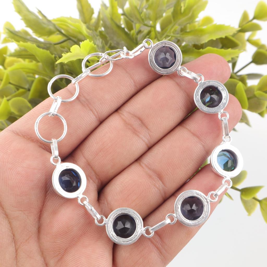 Natural London Blue Topaz Gemstone 925 Sterling Silver Jewelry Handmade Bracelet RB-13-5