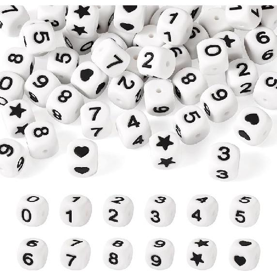 FASHEWELRY 48Pcs Black Silicone Number Beads 12mm Cube Star Heart Silicone Focal Beads Square Rubber Loose Beads for Pens Bracelets Jewelry Making
