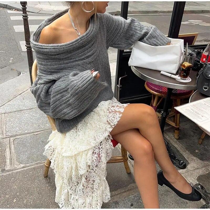 Elegant Solid Slash Neck Thick Knitted Boat Neck Tops Women Casual Long Sleeve Loose Warm Pullover Jumpers Female Fashion High Street Sweater Knitwear