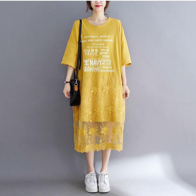 

WTEMPO женское платье больших размеров летнее кружевное длинное платье с круглым вырезом повседневное длиной до середины икры L жёлтый