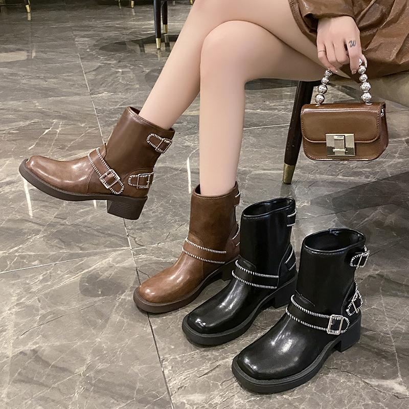 High Quality Fashion Women's Boots Trend Silver Buckle Decoration Knight Boots Women Round Head Western Cowboy Boots Botas Mujer