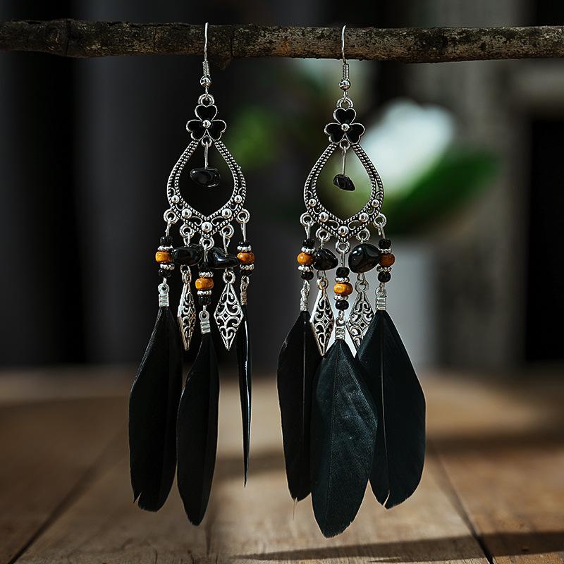 

Bohemian Feather Long Drop Dangle Earrings For Women Enamel Heart Flower Irregular Stone Wooden Bead Handmade Earrings Zircon чорний