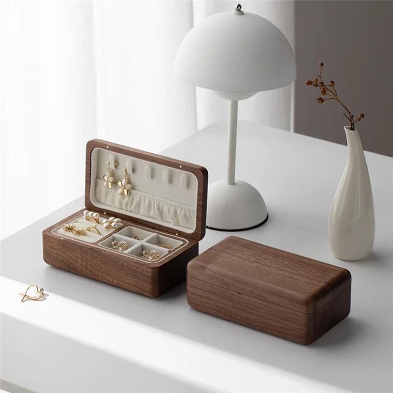 B97A-Jewelry Box Double-Layer Wooden Case Earring Necklace Bracelet Storage Organizer Wedding Gift In Walnut Wood
