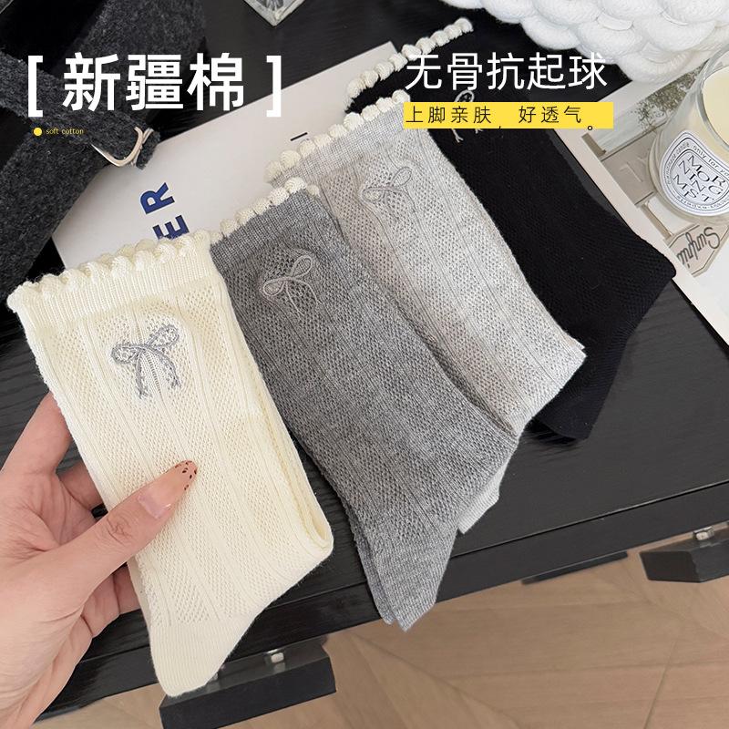 Socks Girls' Summer Bow Collegiate Style Women'S Socks Thin Breathable Socks Boneless Anti-Ball Mid-Tube Socks