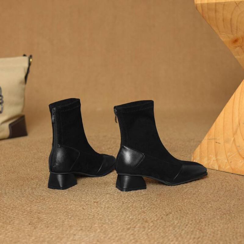 

Женские замшевые ботинки Мартин на низком каблуке большого размера, женские ботинки с квадратным носком, корейская версия, кожаные ботинки, задняя молния, новые полусапоги 39