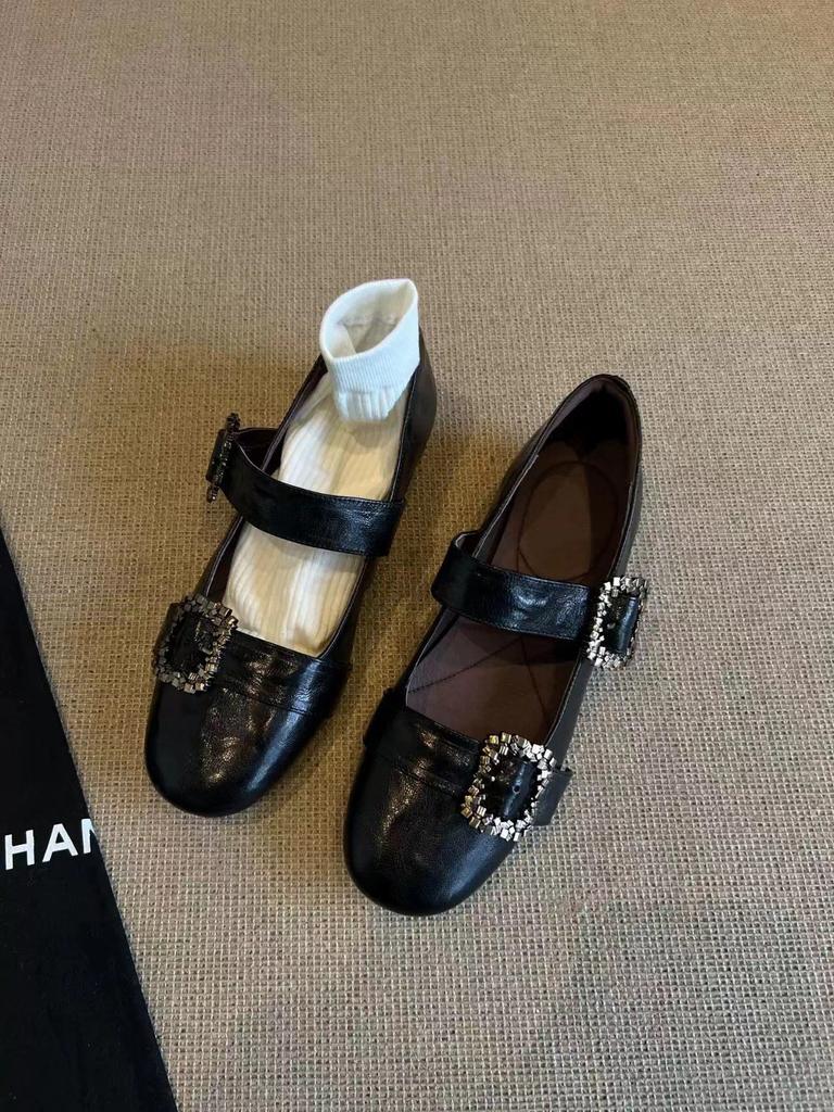 Cowhide version~ New genuine leather Mary Jane small leather shoes fashionable one-word buckle round head shallow mouth flat sole shoes women's shoes