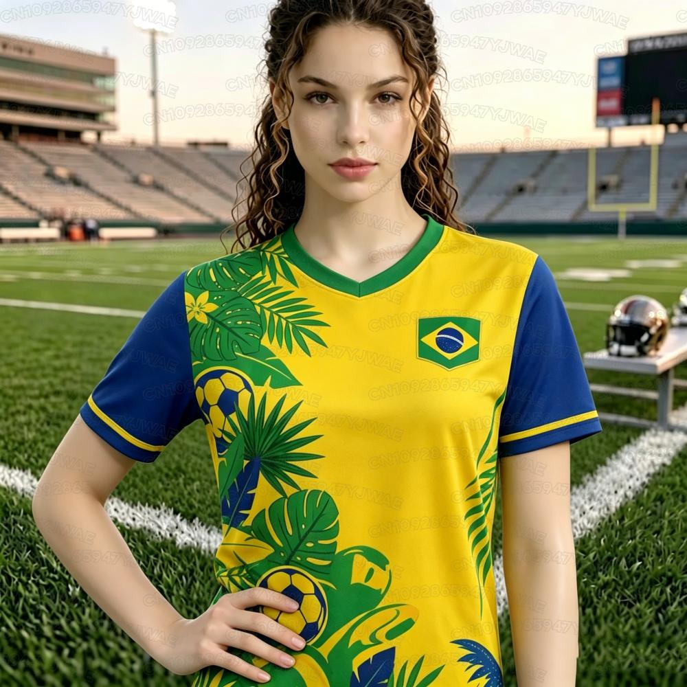 T-shirt Estiva Grafica a Maniche Corte con Scollo a V Stampa Brasile 10 da Donna Uomo Maglie Taglie Forti Maglietta Sportiva