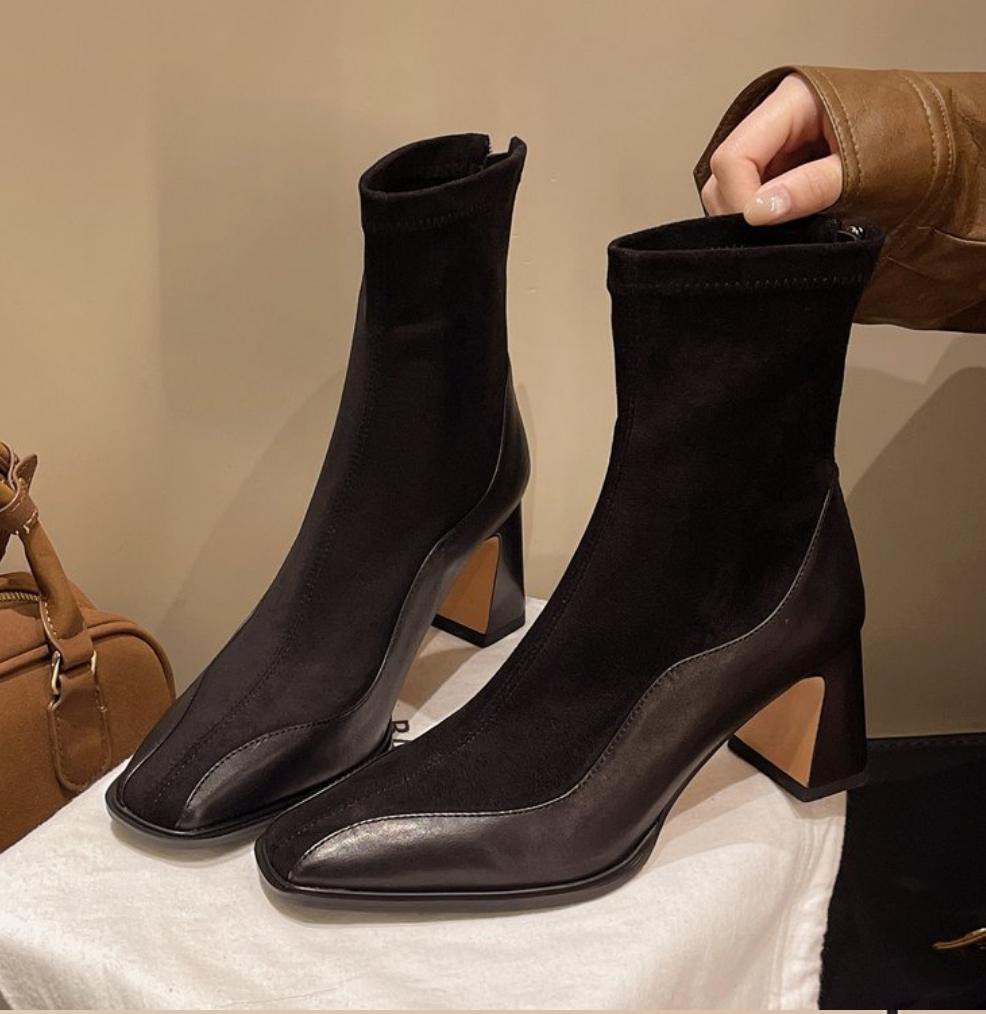 Retro High Heels Ankle Women's Boots Square Toe Sexy Shoes for Women Shoes Zip Ladies Shoes Classic Daily Thin Leg Women Botas