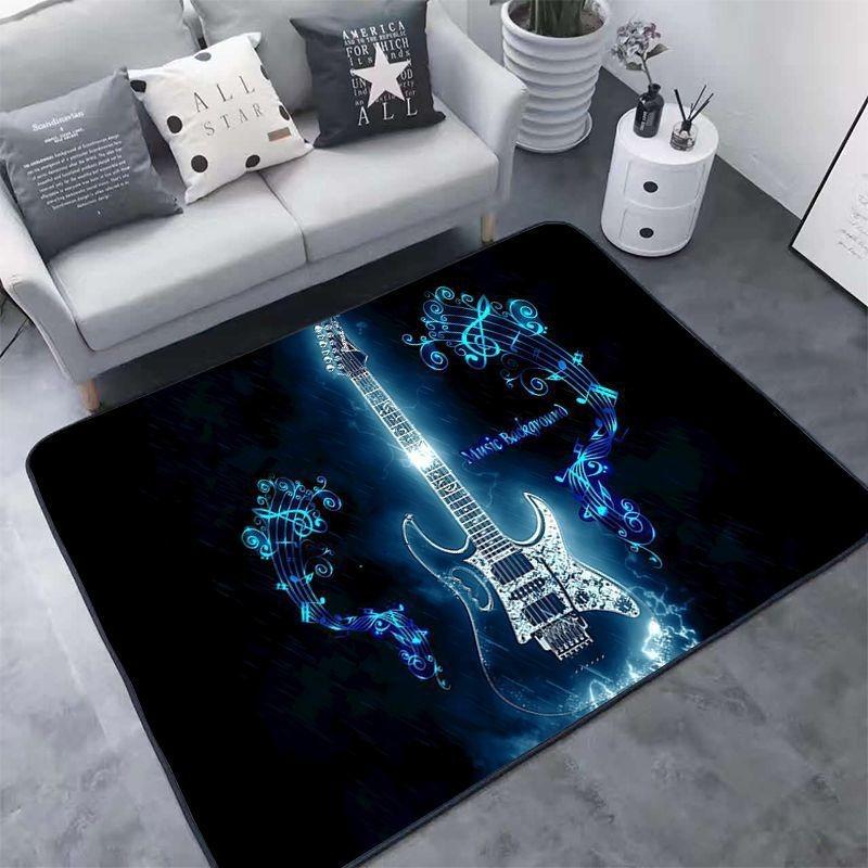 Rock Music Theme Area Rugs Electric Guitar Design Piano Keyboard Starry Night Pattern for Living Room Decor
