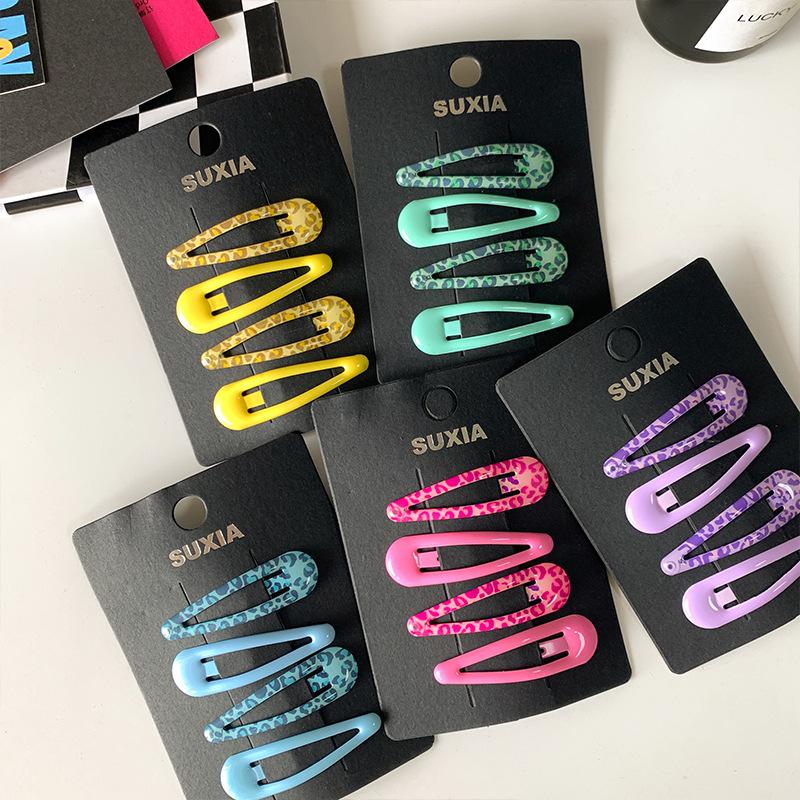

4pcs/set New Resin Leopard Print Hair Clips Fashion Korean Water Drop BB Snap Clips for Flyaway Hair Side Part Claw Clips Other рожевий