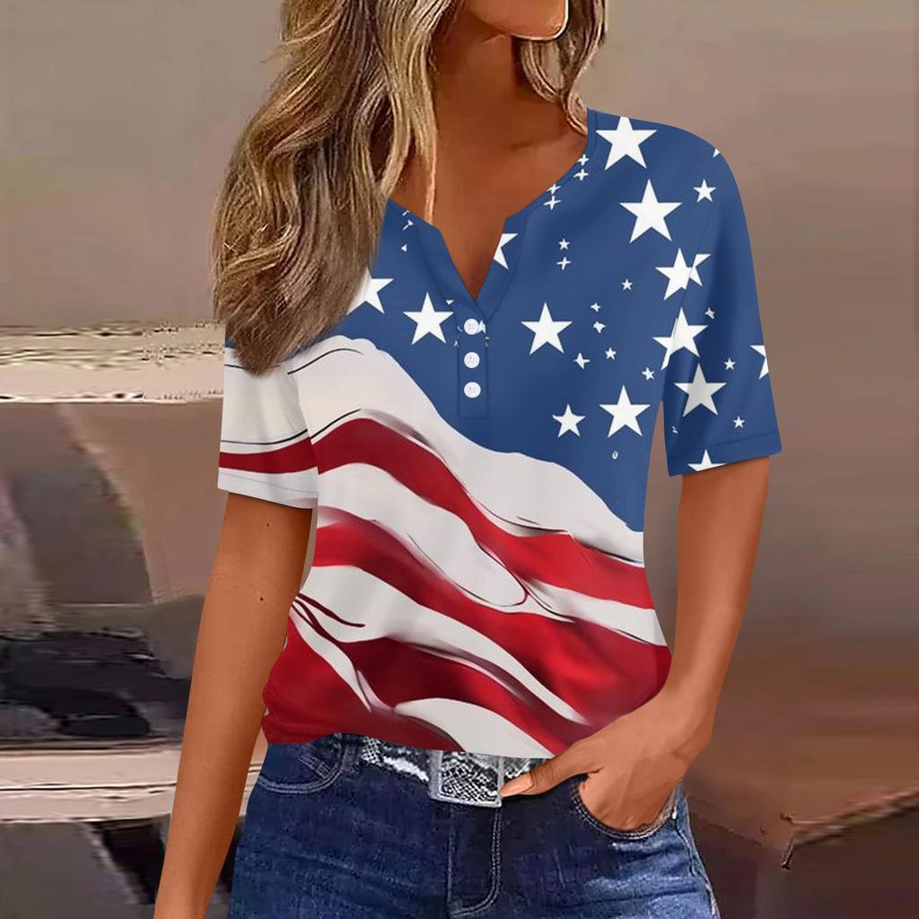 Camiseta Feminina Casual Moda Dia da Independência Estampa Bandeira Americana Listras e Estrelas Gola V Manga Curta Botões Decorados