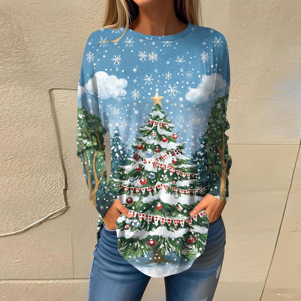 Tee Shirts For Women Fall Casual Long Sleeve Shirts Sweatshirt Vintage Graphic Christmas Printing Top Pullover