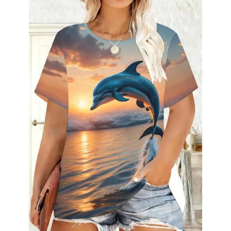 Summer Ladies 3D Dolphin Print Crew Neck T-Shirt