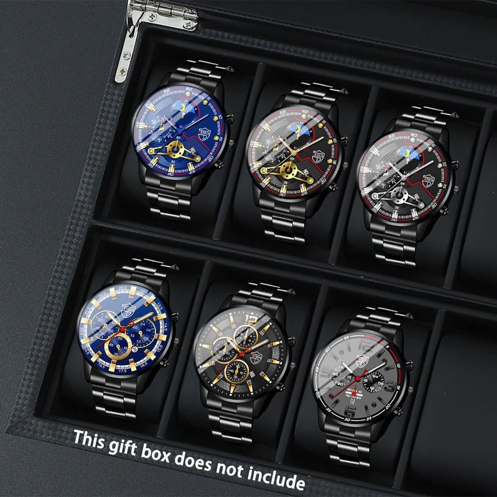 Watch Black 6-Piece Suit Men S Steel Belt Watch Quartz Watch Fashion Casual Watch
