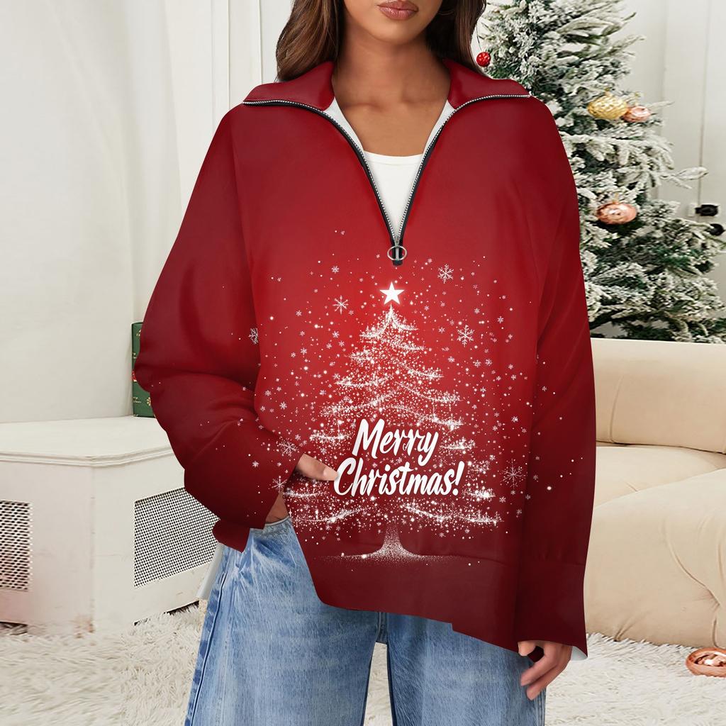 Women's Casual Half Zipper Lapel Snowflake Print Pullover Top Side Slit Fashion Clothing