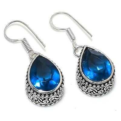 Natural Blue Topaz Gemstone Handmade 925 Sterling Silver Earring 1.42" m4Z39