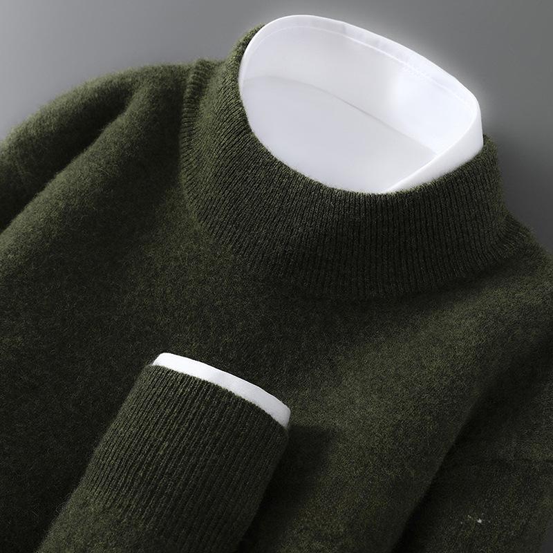 Men's Pure Wool Cashmere Knit Pullover - Autumn/Winter Half-High Neck Sweater