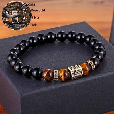 Pietra di onice opaca e occhio di tigre Cuciture combinate con gioielli a mano in zircone cubico Bracciale con perline Bracciale elastico da uomo elasticizzato