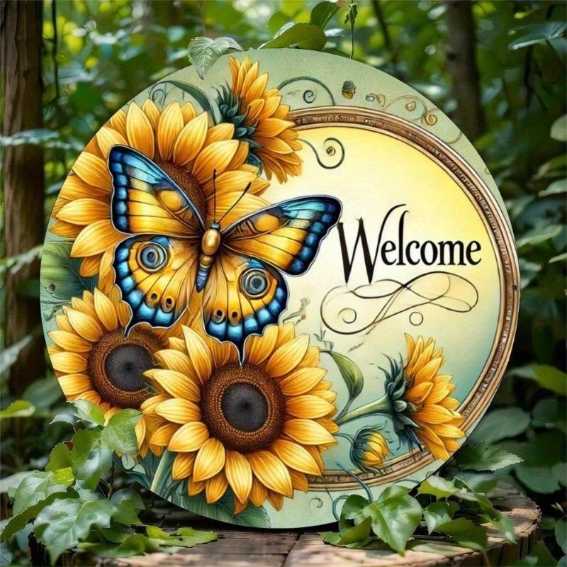 Metal Wall Art Retro Sunflower Butterfly Welcome Sign for Home Garden
