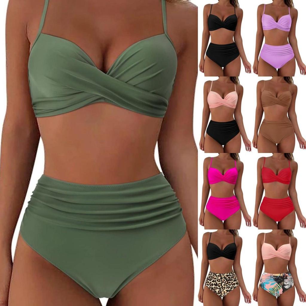 Costume da Bagno Donna Colore Unico Pieghettato Vita Alta Sexy Bikini Tankini Abbigliamento da Spiaggia