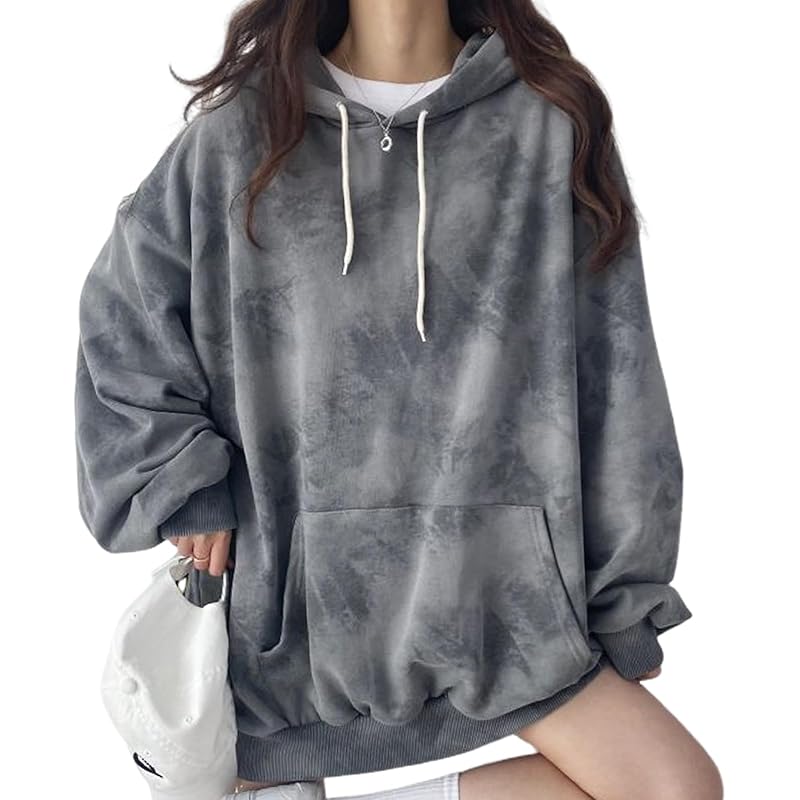 [Air Buy] tie dye pattern hoodie ladies Relaxing oversize pullover hooded Lazy Rakuchin gray 5S-A13-GYXL