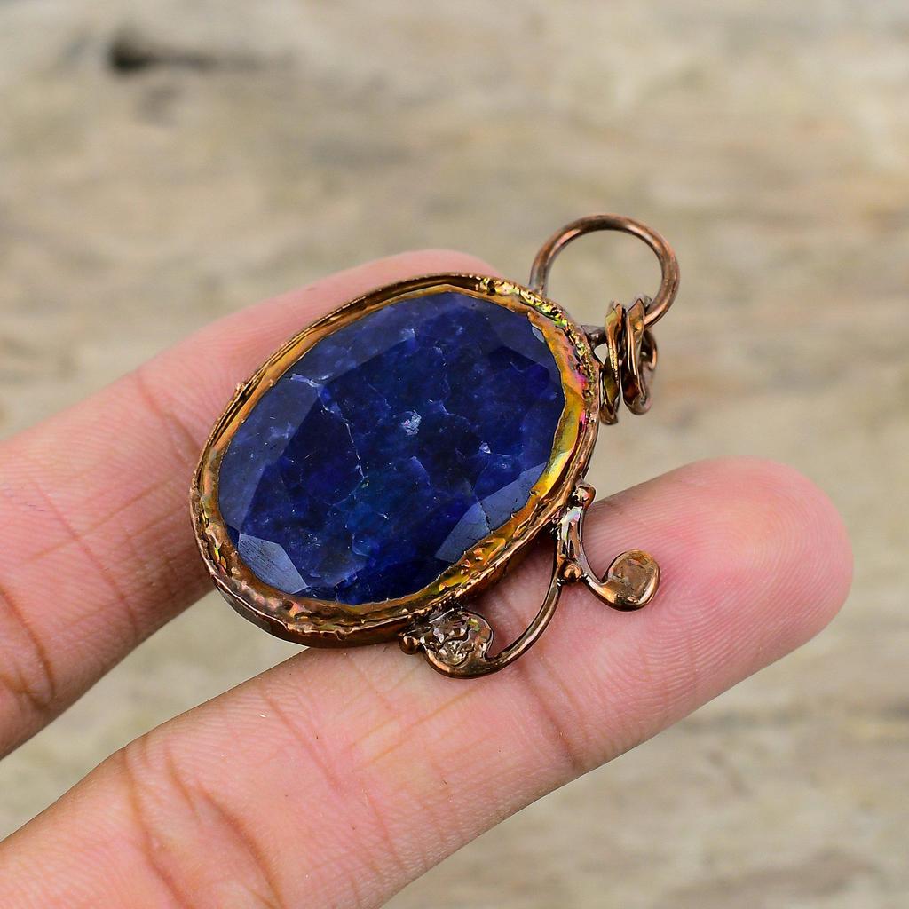 Faceted Blue Sapphire Pendant Electroformed Copper Pendant Very Pretty Gemstone Pendant Electroformed Jewelry Wedding Gift Handmade Pendant